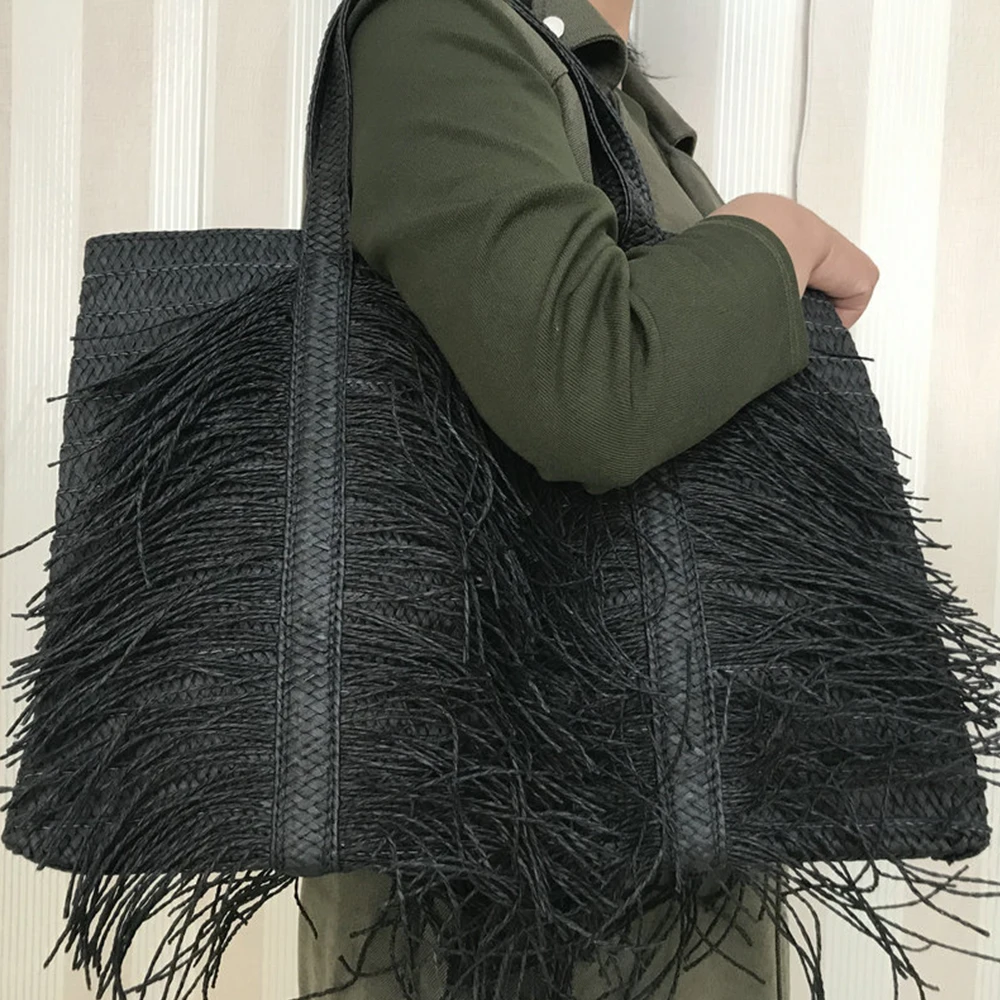 

Плетеная соломенная дамская сумочка с кисточками, вместительная сумки-шопперы для женщин Женская богемная пляжная соломенная сумка на пле...