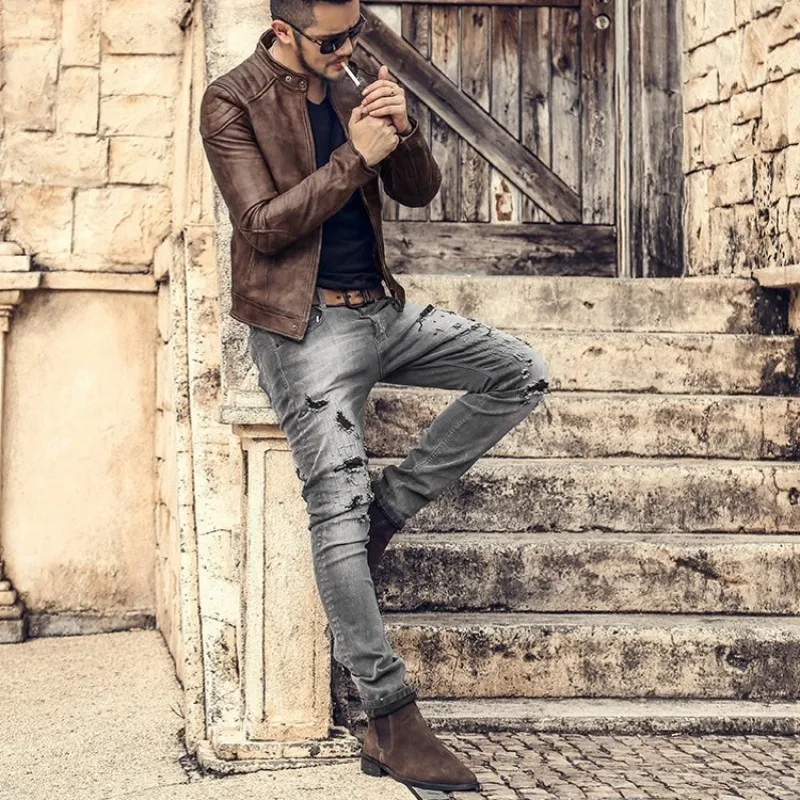 Мужские рваные джинсы с дырками облегающие длинные брюки повседневные Прямые из