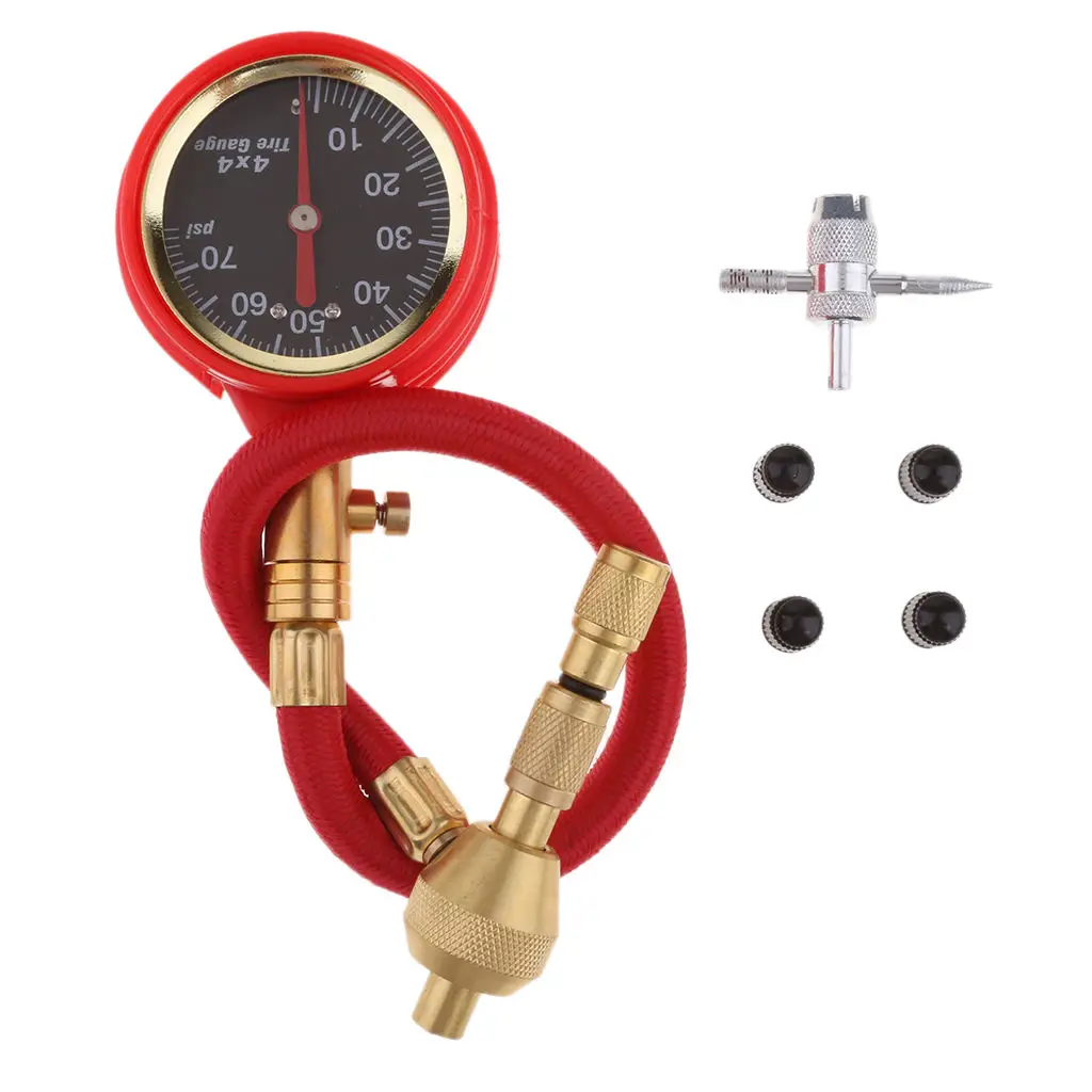 Red Mechanical Pointer Tire Pressure Gauge Tyre Deflator Kit with 4 Valve for Automobile Cars Trucks Repair Tools |