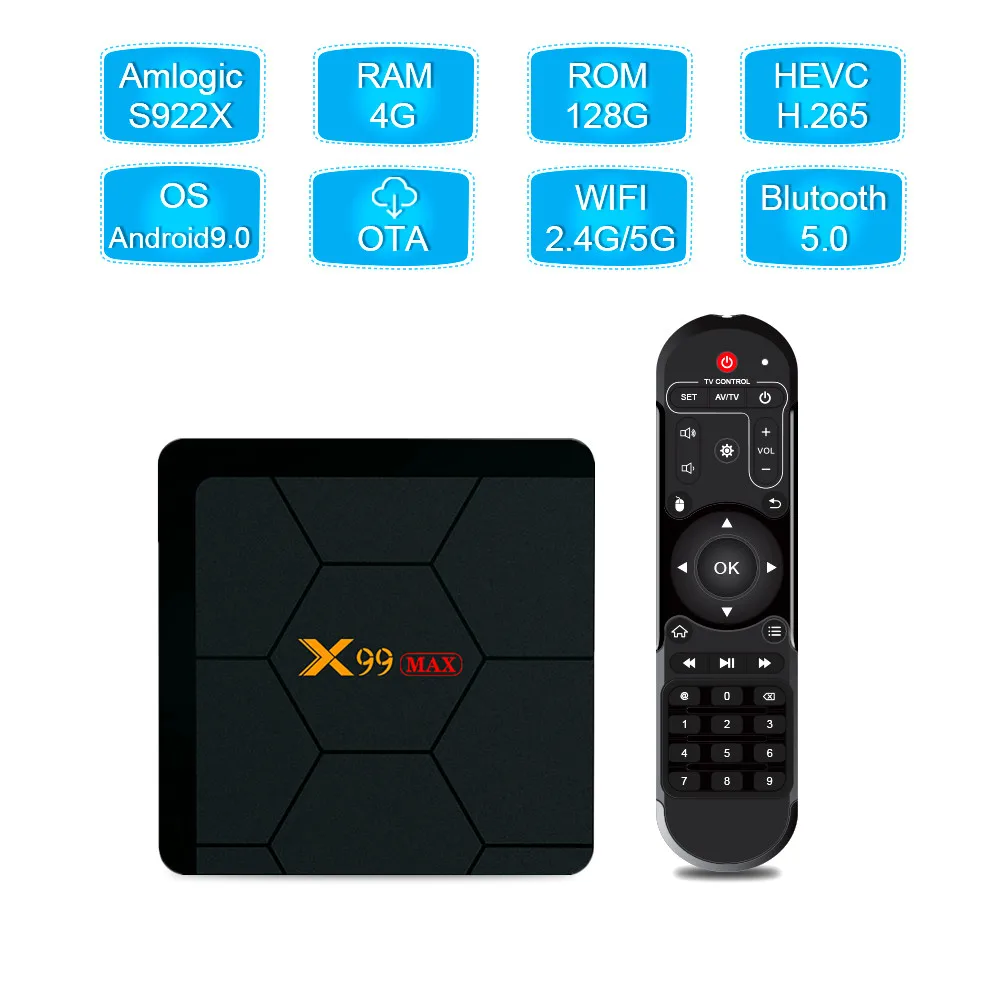 ТВ приставка X99 MAX с Android 9 0 процессор Amlogic S922X шестиядерный 4 Гб DDR4 128 ПЗУ 2 4G Wi Fi