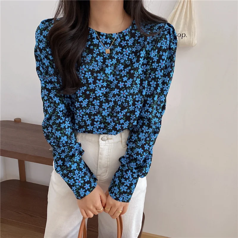 

Harajuku Princess Chic Fashion Florals Printed O-Neck Femme Korean Elegance All Match Girls Gentle Clothe Tops Sweet Shirts