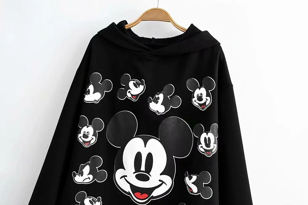 Disney Стильная черная футболка с принтом Микки Мауса, пуловер с капюшоном, модный Женский Повседневный Свободный Топ с длинным рукавом в стиле Харадзюку