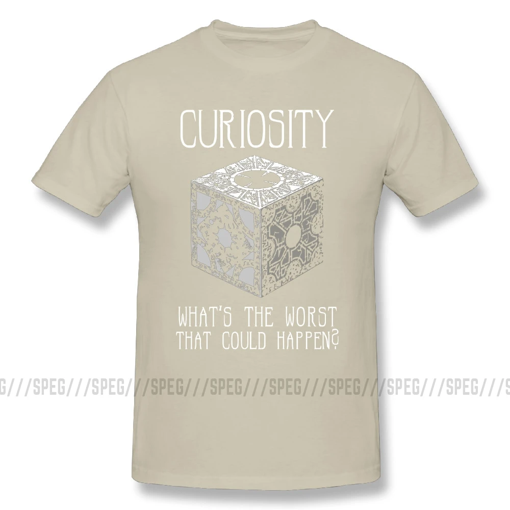 Мужские футболки из хлопка с коротким рукавом и рисунком из мультфильма "curiousity Killed Hellraiser", большая скидка, мужские футболки с круглым вырезом - Цвет: Бежевый