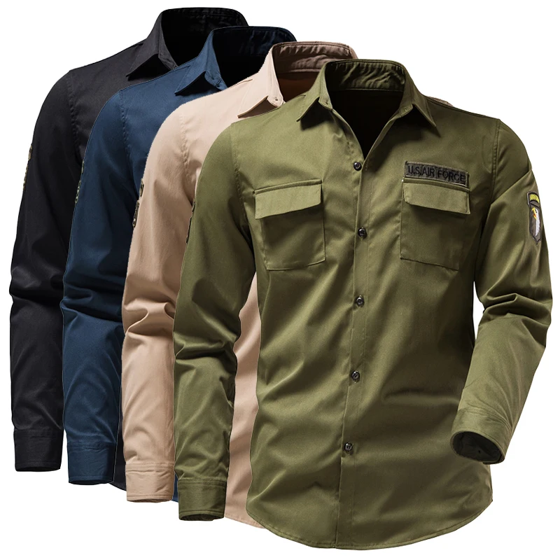 Men's Fashion Lapel Long-sleeved Shirt Tooling Outdoor Military Style Shirt Eu Size S-2XL