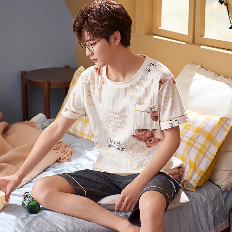 

Spring And Summer New Men's Pajamas Sets Sleepwear Long-sleeved Trousers Cotton Korean Version Of Comfortable Home Service 2021