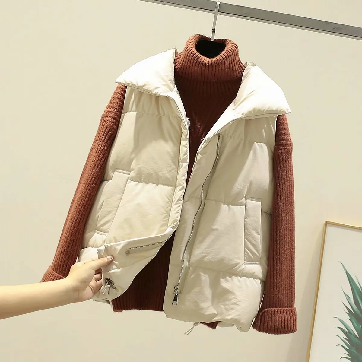 

Autumn Winter Women's Vest Jacket Solid Loose Vest Stand Collar Long Vest Jacket Cotton Padded Women's Windproof Warm Waistcoat