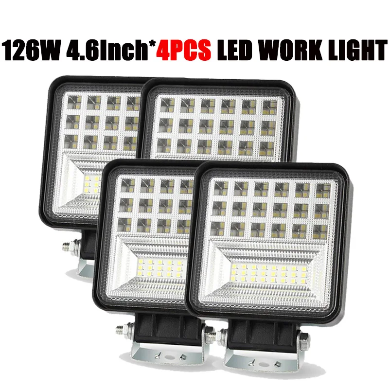 4PCS 126W 4.6Inch 126 Вт 4,6 дюймов внедорожный светильник, квадратный комбинированный точечный прожектор, светильник 4x4, Автомобильный светодиодный рабочий светильник, авто ATV, внедорожник, грузовик, мотоцикл, лодка, трейлеры - Цвет: 4PCS 126W 4.6Inch