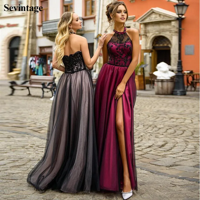 

Соблазнительные Длинные вечерние платья Sevintage с высоким разрезом, с лямкой на шее, кружевные вечерние платья без рукавов, Тюлевое атласное в...