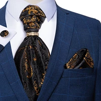 men vintage black gold paisley floral wedding party cravat ascot scrunch self british style silk neck tie ring hanky set dibangu