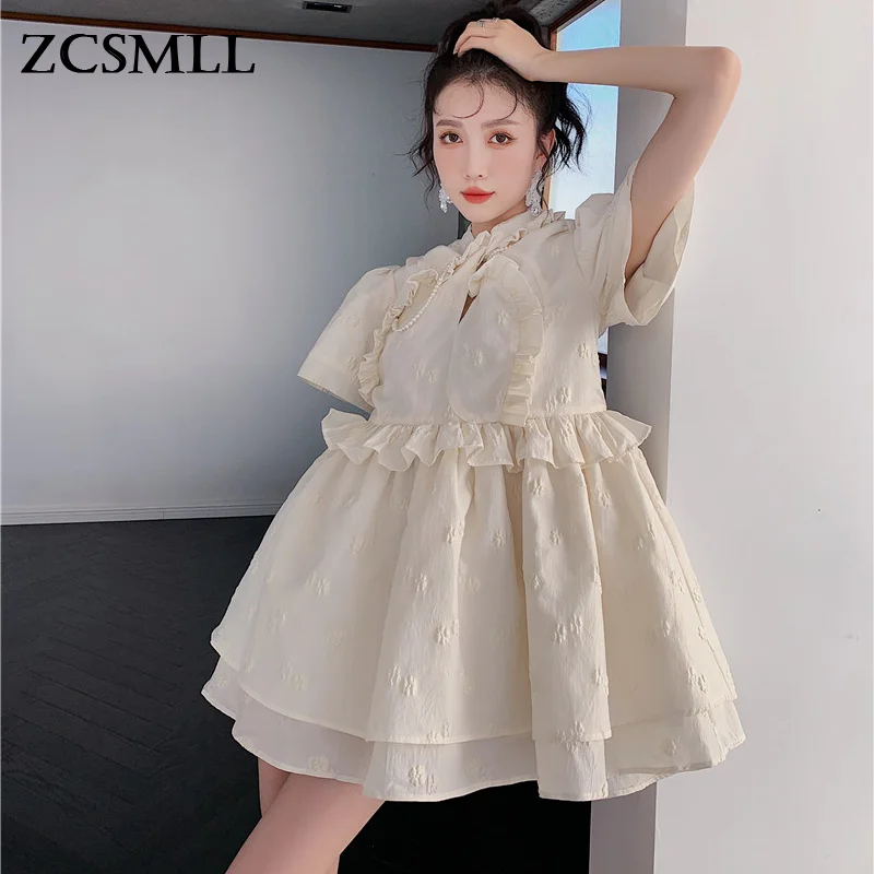 

Платье ZCSMLL женское с оборками и воротником-стойкой, жаккардовое приталенное платье средней длины с короткими рукавами, лето 2021