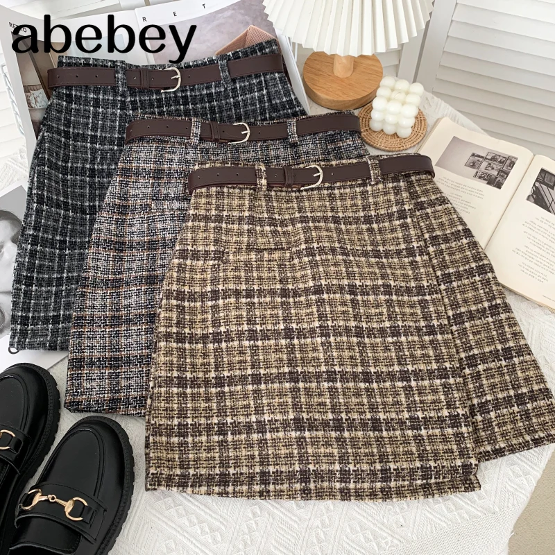

Vintage versatile Skirt plaid printing irregular design high waist short A-line Skirt with belt 2021 New Autumn Winter
