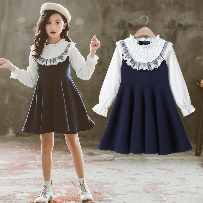 Keelorn Sweet Girls Dress 2020 Autumn Brand New Preppy Style Teenager Clothing Lace Shirt Dresses Elegant Kid Girl Outfits 4-13Y | Детская