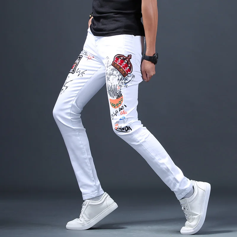 Men Embroidered Printed Jeans Fashion White Cotton Stretch Denim Streetwear Straight Slim Fit Pants