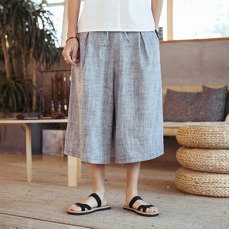 

Уличные повседневные укороченные брюки, летние мужские хлопково-льняные брюки с широкими штанинами в японском стиле, Повседневная Уличная ...