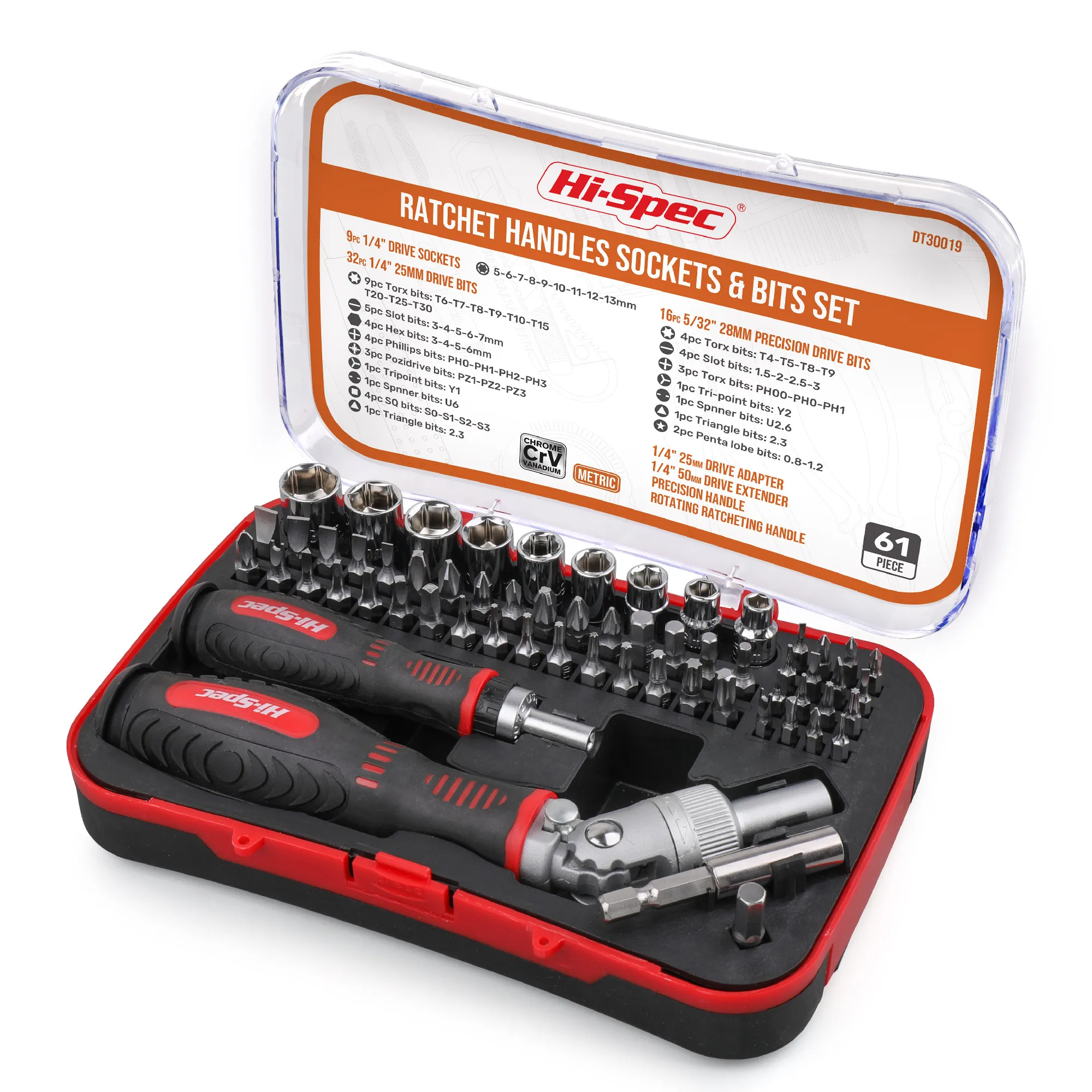 Hi-Spec 61pc Ratchet Screwdriver Set Magnetic Handle 1/4 Socket Bits Repair Hand Tool Kits Screw Driver with Case 