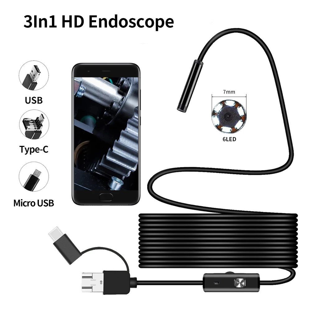 

7MM Android Endoscope 3 in 1 USB/Micro USB/Type-C Borescope Inspection Camera Waterproof for Smartphone with OTG and UVC PC