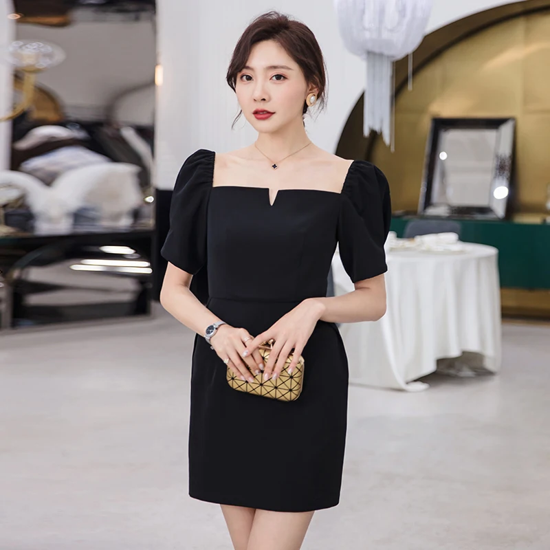 YIGELILA Summer Fashion Black Sheath Dress Solid Square Collar Dress Puff Sleeves Above-knee Dress 65057