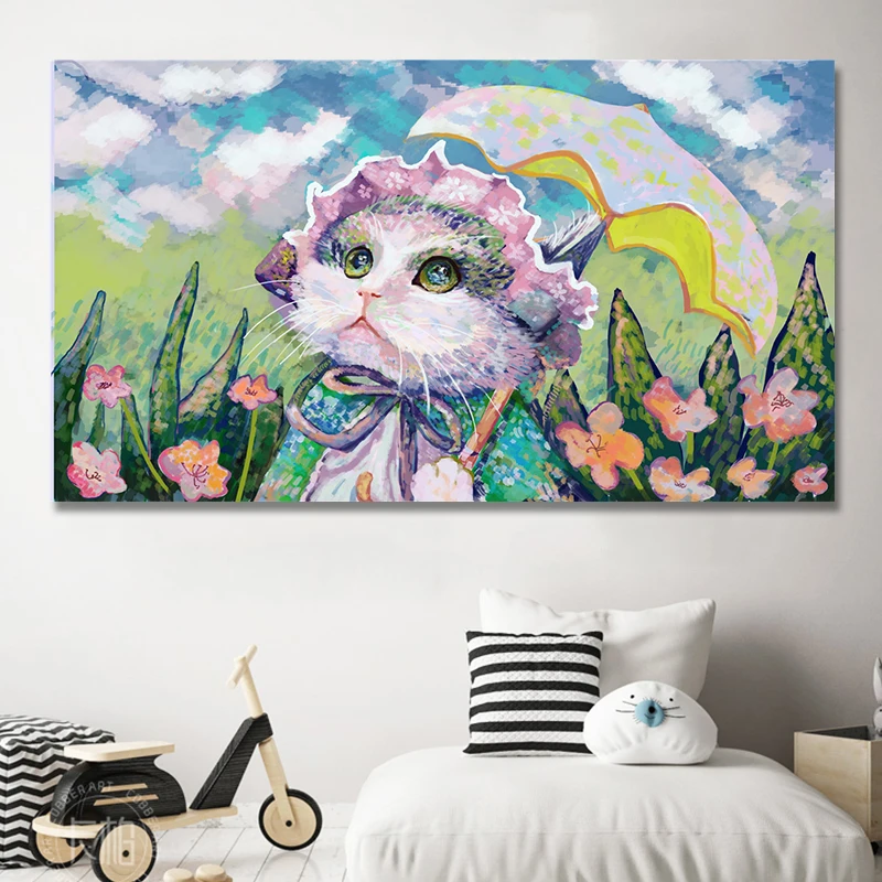 Минималистичный скандинавский стиль Kawaii кошка девушка и цветок художественные