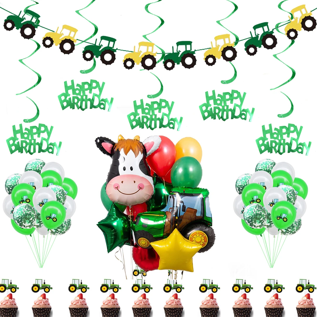 

1 Set Farm Tractor Party Happy Birthday Banner Excavator Vehicle Green Theme Balloons Cake Topper Party Decoration