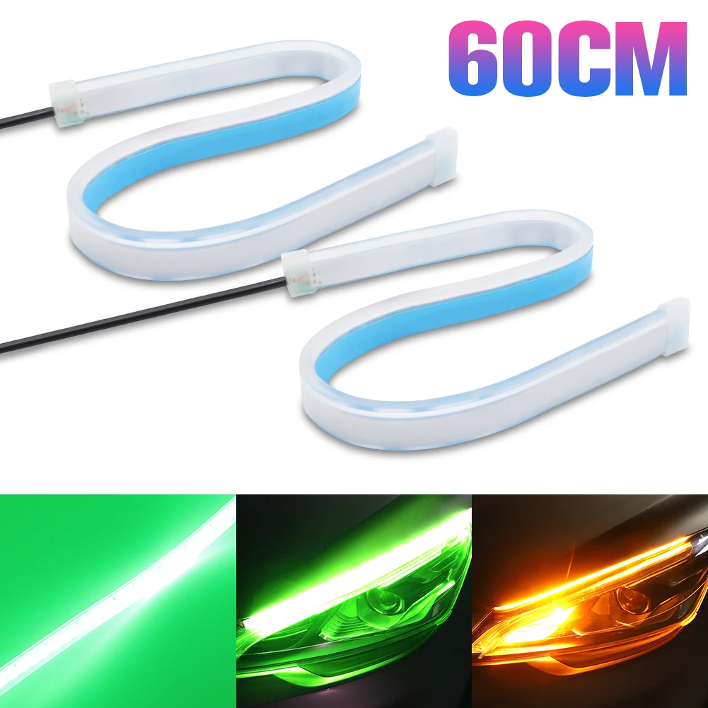 

2pcs Waterproof 60cm LED Light Strip Flexible LED Bar 2835 Chipest 144SMD Gree Yellow Car Turn Signal Light Daytime Running Lamp