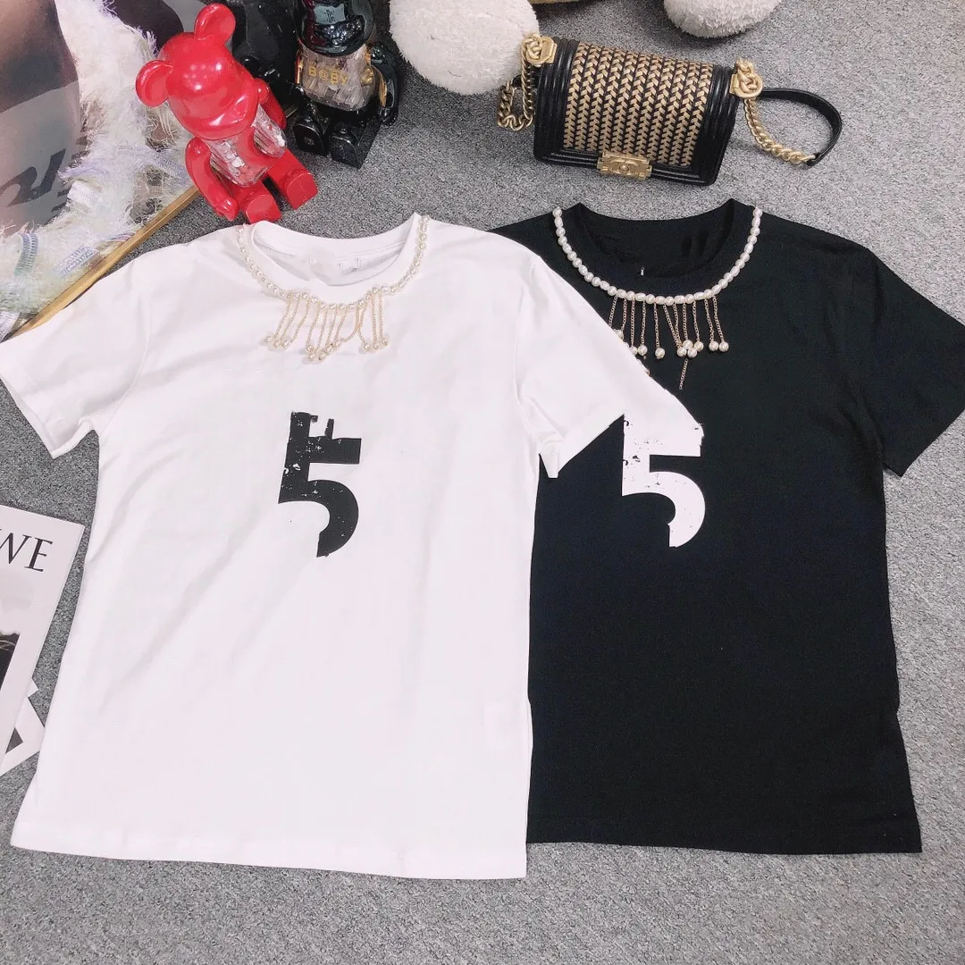 

2021 Spring and summer new round neck digital printing pearl decoration short sleeve women's T-shirt