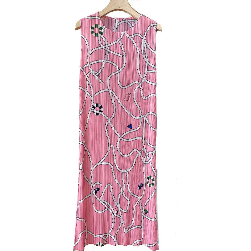 

XITAO Line Pattern Pleated Dress 2021 Summer New Style Straight Fashionable Casual Loose Mid-length Sleeveless Dress WMD1217