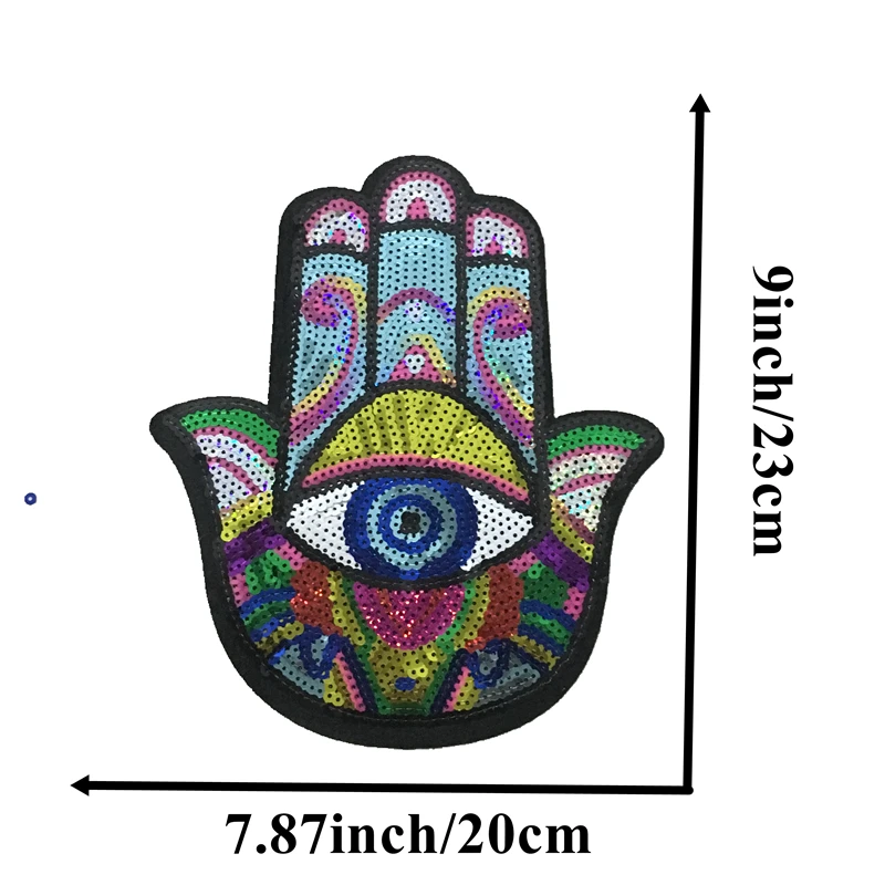 

New Arrival Hamsa Hand Sequined Iron on Patches for Clothes DIY Garment Accessories Big Hand Eye Sequins Embroidery Appliques