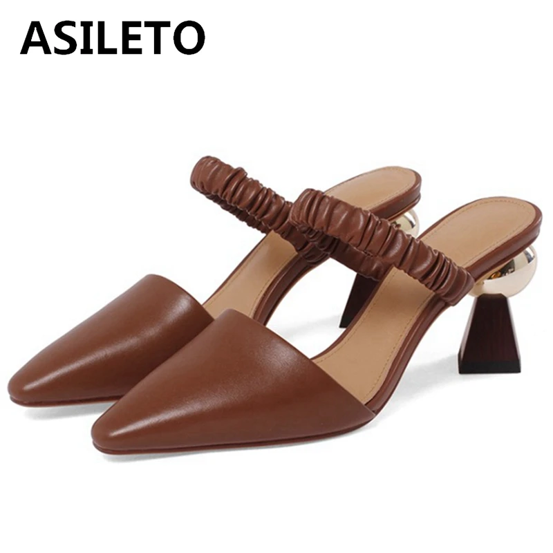 

ASILETO 2021 Genuine Leather Sandals Slingbacks Pointed Toe Slip On Pleated 6.5cm Ball Strange Heel US9 White Apricot A4278