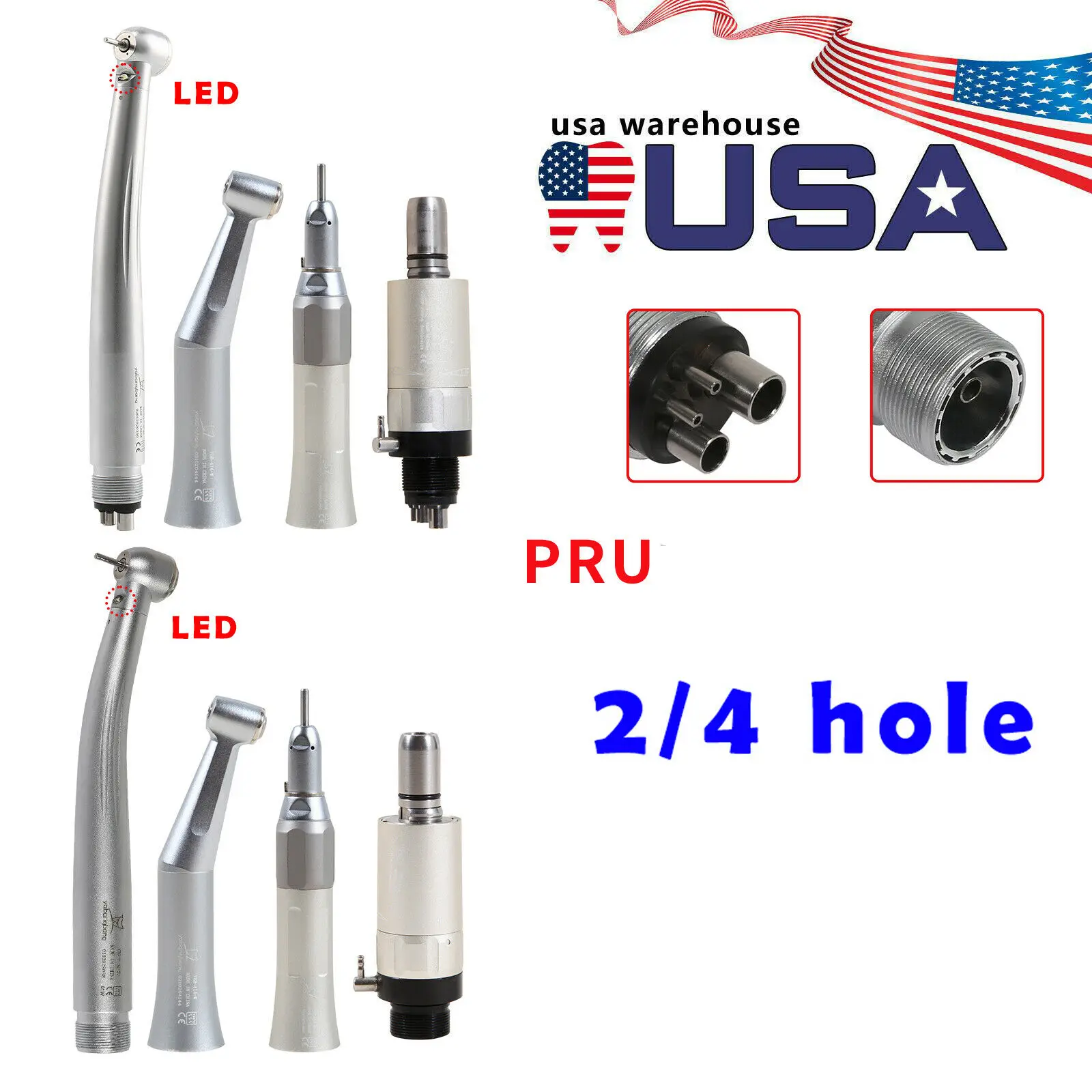 Dental 4/2 Hole LED High Speed Handpiece with Low Speed Contra Angle Straight Handpiece Air motor Fit Nsk