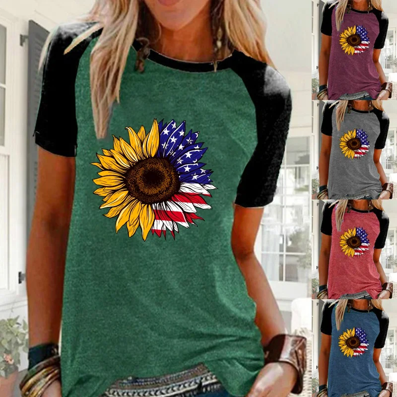 

Women Casual Flag Printed Tops & T-Shirts Loose Round Neck Short Sleeve Blouse Ladies Plus Size Fashions