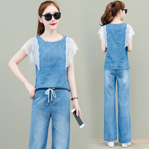 

Loose 2019 Fashion Brief 2 Pcs Set Bow Lace Patchwork Pocket Two Piece Set Casual Denim Korean O-neck Women's Sets