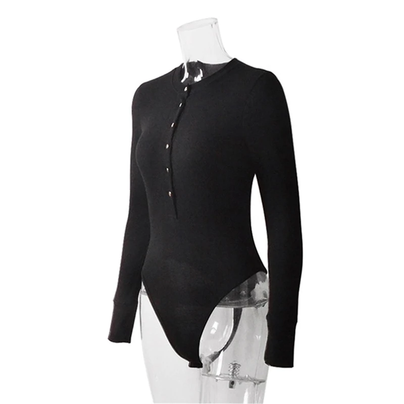 

Sexy V Neck Knitted Bodysuit Women Black Long Sleeve Buttons Rompers Womens Jumpsuit 2021 Casual One-pieces Bodysuits