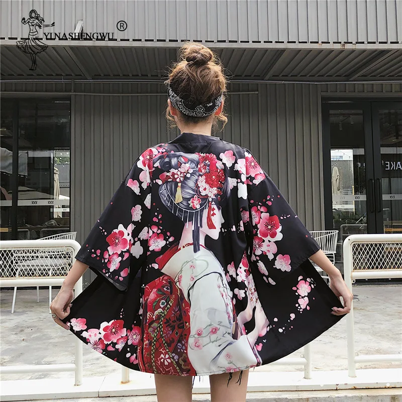as picture-17.85 Yukata, женская блузка с поясом, новая мода, кимоно, блузка, японский веер, принт, женская рубашка, летняя, солнцезащитная, топы, Япония, кимоно, для женщин - Цвет: as picture-17.85