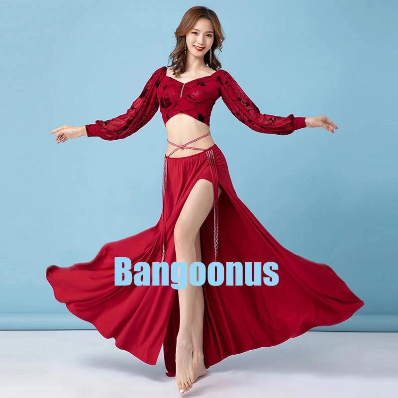 Женский костюм для танца живота, костюм из двух предметов, топ с длинными рукавами и юбка, одежда для восточных танцев и тренировок, 2021