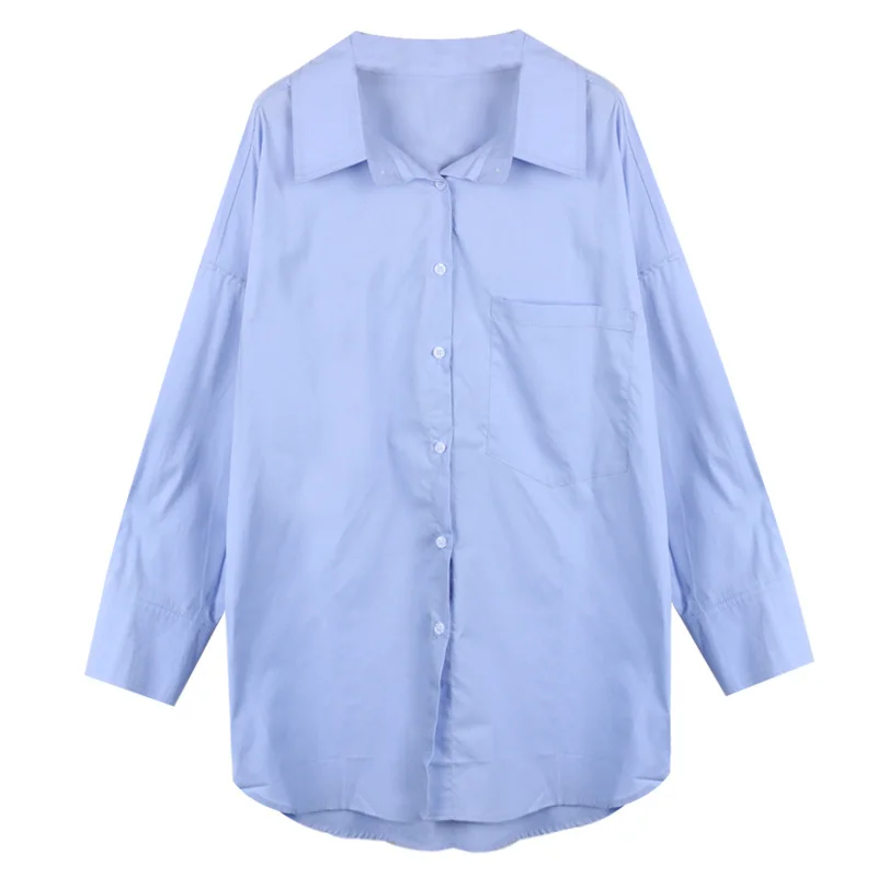Дизайнерская синяя рубашка Длинный топ Bf Wind женская летняя Корейская Свободная с