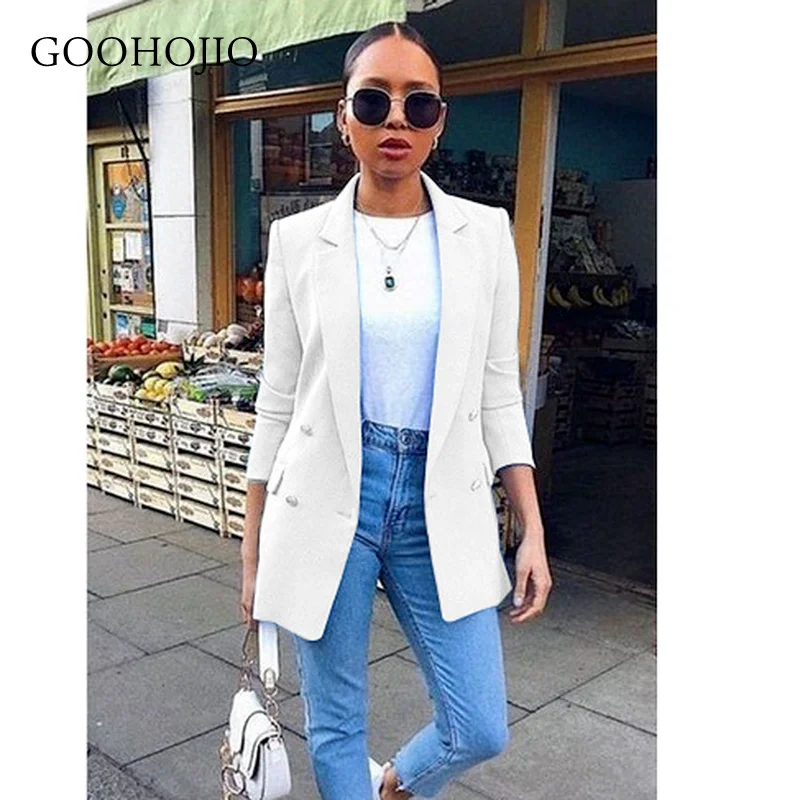 

GOOHOJIO 2021 Spring Autumn All-match Blazers for Ladies Double Breasted Mid-length Blazers Women Fashionable Profession Blazers