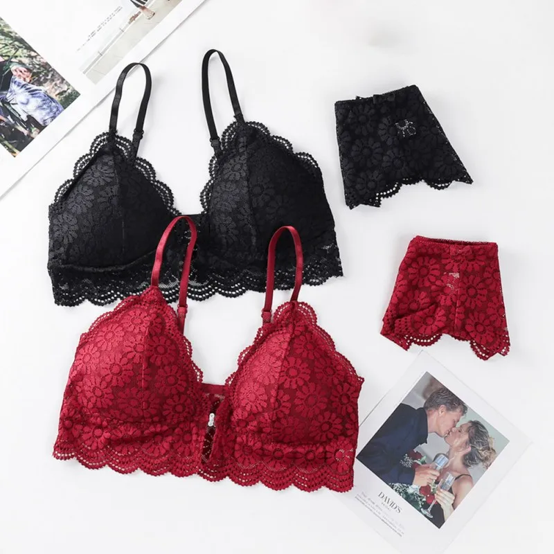 

French Lace Bra Sets Seamless Underwear Suit Sexy Padded Bralette Wire Free Lingerie Briefs Female Intimates