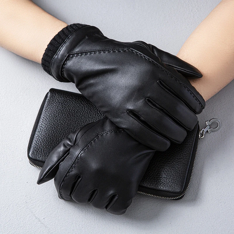 Men Genuine Leather Gloves Sheepskin Windproof  Warm Touchscreen Glove With Velvet Winter Warm Mittens NR262