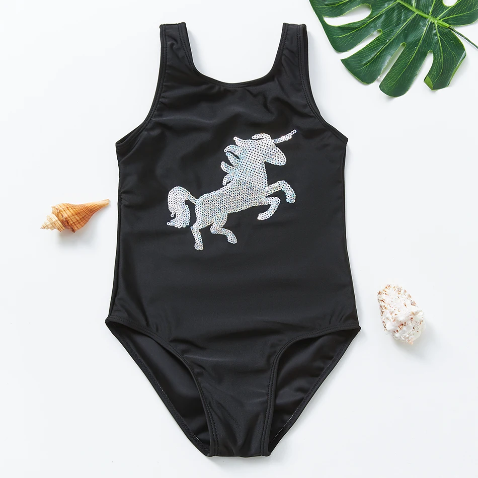 

2021 Girls Swimsuit Unicorn Sequined Bathing Suit 2-9years Black Unicron One Piece Swimsuit Children Summer Swimwear