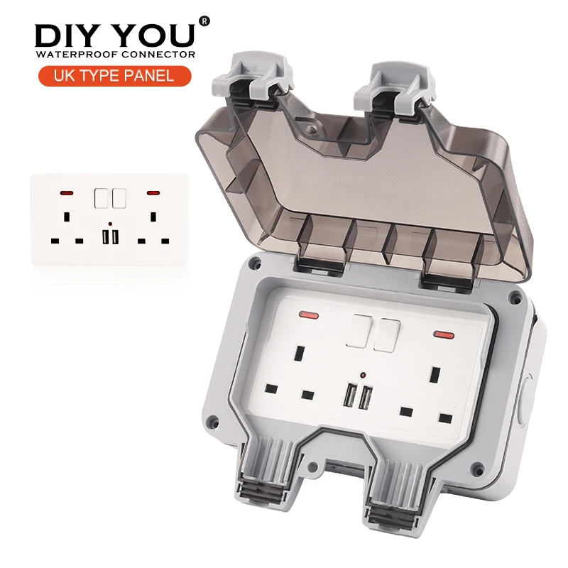 

IP66 UK Standard Waterproof Outdoor Wall Power Double Socket Switch With USB For Home Garden 13A Plug Outlet Grounded 250V