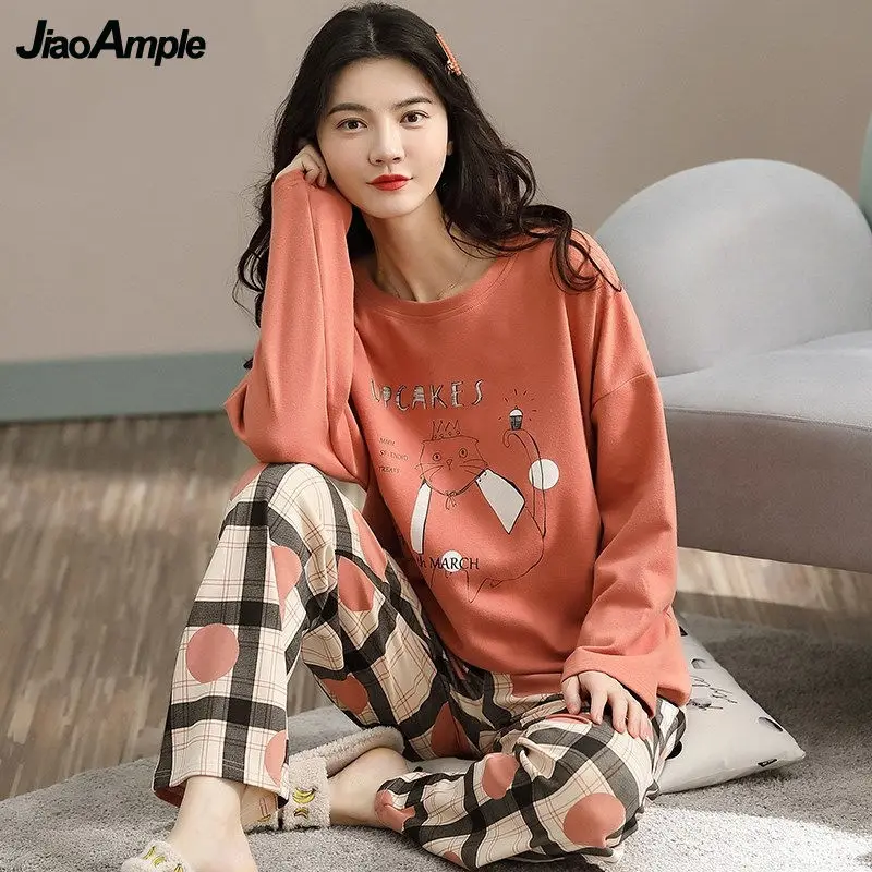 

Women's Pajamas Spring Autumn New O-Neck Loose Long-sleeved Trousers Pijamas Two-piece Korean Cartoon Plus Size Sleepwear Suit