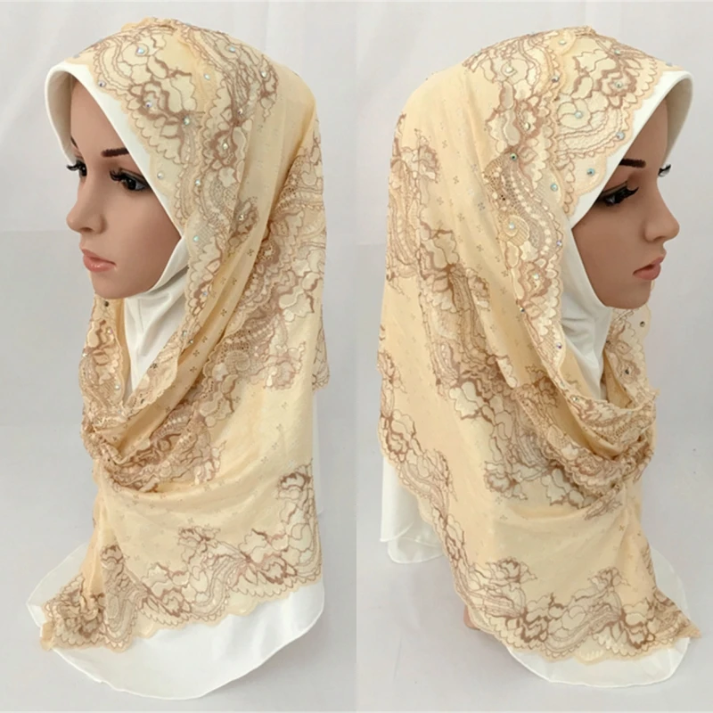 Модный мусульманский женский хиджаб 2 шт. кружевная вышивка мгновенная повязка
