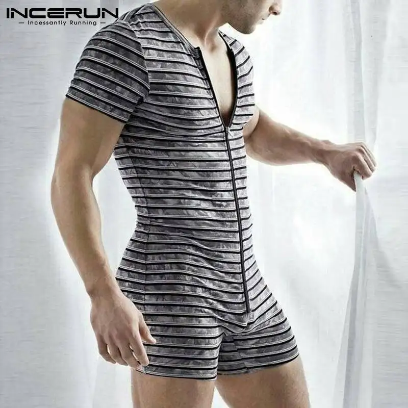 

Summer Men Pajamas Rompers Print Striped Zipper Short Sleeve Playsuit Homewear Fitness Jumpsuits Cozy O Neck Nightwear INCERUN