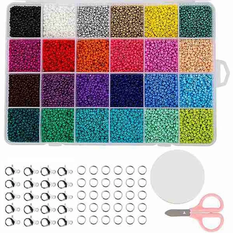 

24000 Pieces of Multicolor 2mm Pony Glass Seed Beads with Lobster Clasp, Open Jump Ring and Elastic Crystal Wire
