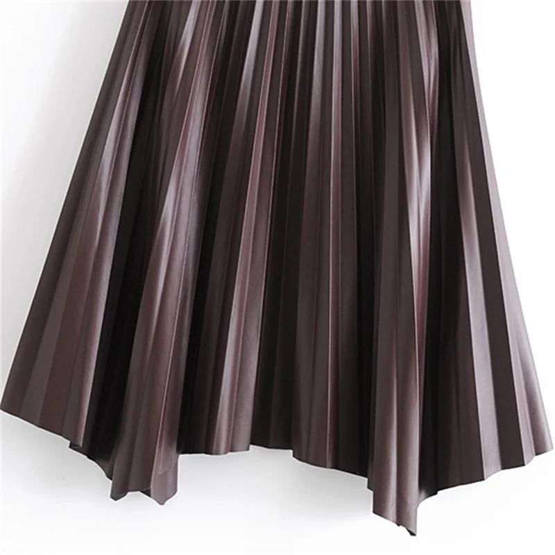 

ZXQJ Women 2020 Chic Fashion Faux Leather Irregular Hem Pleated Skirt Vintage High Waist Back Zipper Female Long Skirts