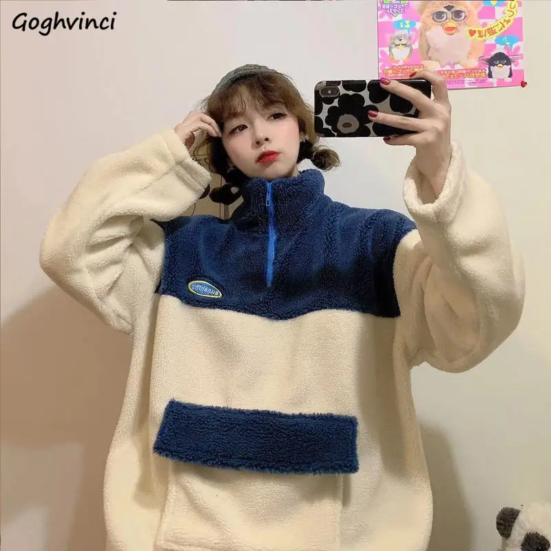 

Women No Hat Hoodies Lambswool Plus Velvet Thicken Oversize 2XL Patchwork Casual Warm Simple Harajuku Streetwear Baggy Womens