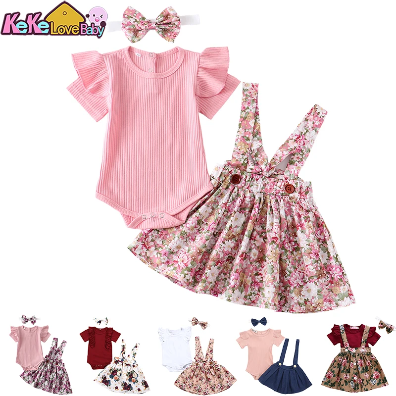 3Pcs Baby Girl Clothes Set Summer Newborn Infant Solid Color Romper Ruffle Floral Dress Overalls Outfit For Toddler Clothing