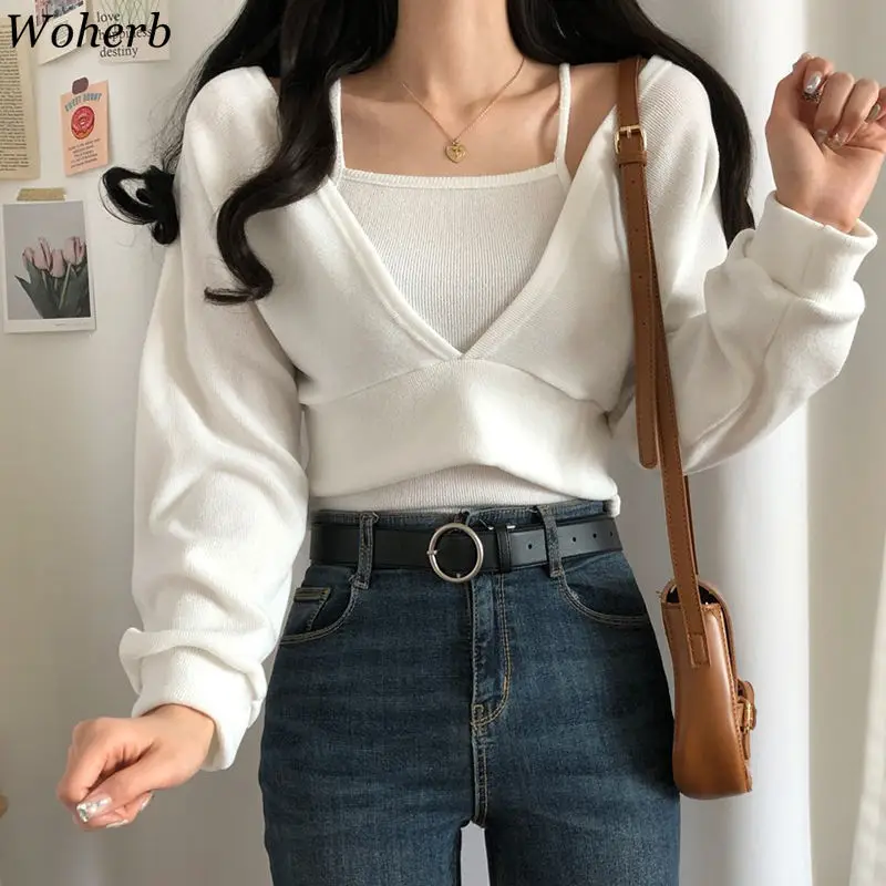 

Autumn Women Sweaters Puff Long Sleeve Short Jumper Sexy Cross V Neck Fake Two Pieces Sweater Korean Slim Bottom Knitwear