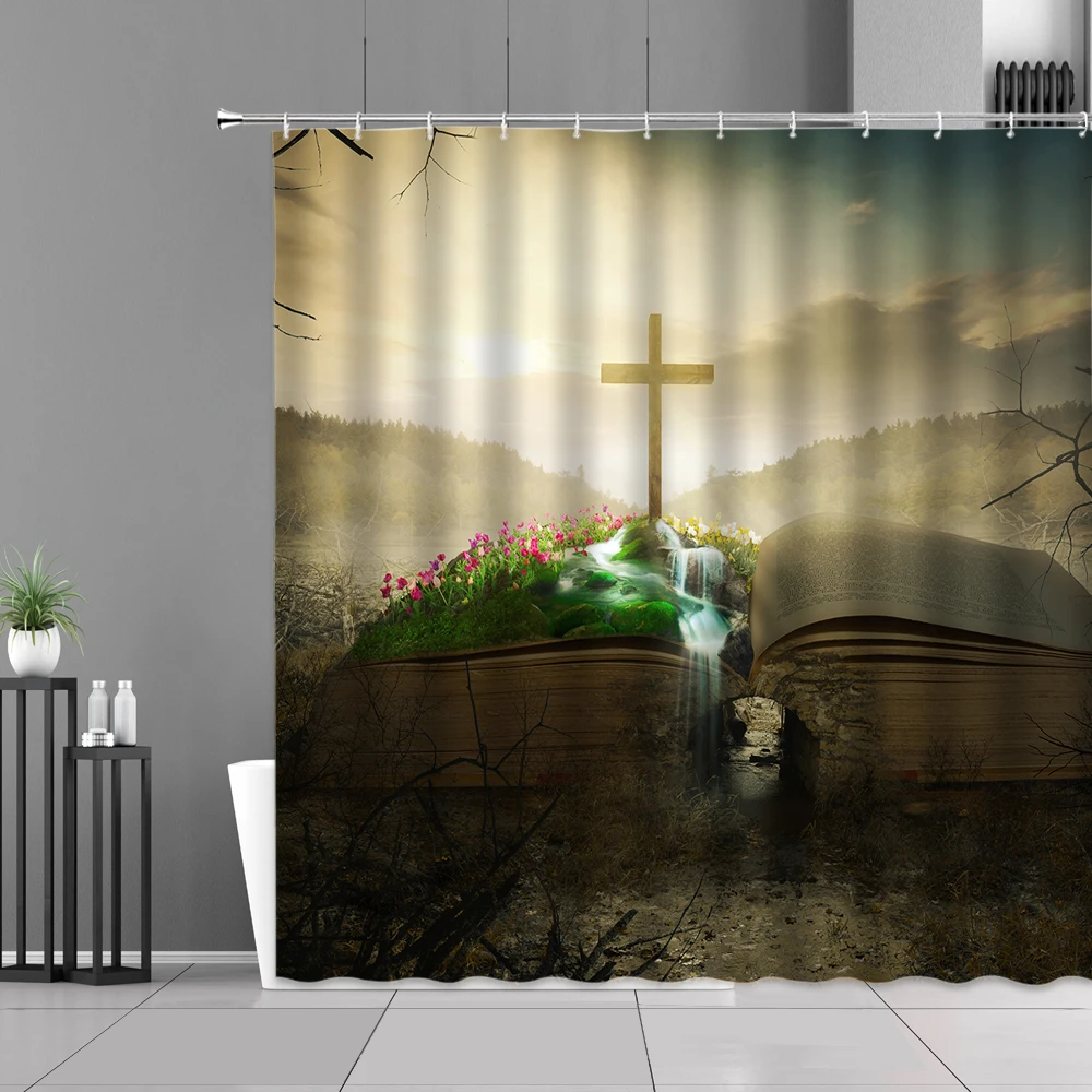 

Religion Cross Shower Curtain Bathroom Decoration Bath Curtain 3D Printed Cross Necklace And Bible Book Bath Screen With Hooks