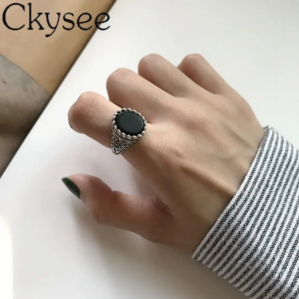

New Arrival 925-Sterling -Silver Simple Black Agate Rings Adjustable Opened Ring For Woman Fashion Charms Jewelry Birthday Gift